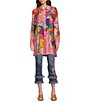 Color:Multiple - Image 3 - Map Print Point Collar Button Front Long Roll-Tab Sleeve Tunic