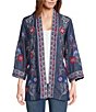 Color:Medium Indigo - Image 1 - Mixed Print Woven Banded Neck 3/4 Cuffed Sleeve Embroidered Side Seam Pockets Open Front Kimono