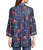 Color:Medium Indigo - Image 2 - Mixed Print Woven Banded Neck 3/4 Cuffed Sleeve Embroidered Side Seam Pockets Open Front Kimono