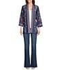 Color:Medium Indigo - Image 3 - Mixed Print Woven Banded Neck 3/4 Cuffed Sleeve Embroidered Side Seam Pockets Open Front Kimono