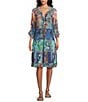 Color:Multiple - Image 1 - Multi Print Tiered Button Front 3/4 Sleeve Knee Length Dress