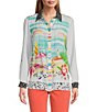 Color:White - Image 3 - Novelty Mix Print Button Front Roll-Tab Sleeve Tunic