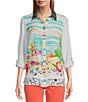 Color:White - Image 1 - Novelty Mix Print Button Front Roll-Tab Sleeve Tunic
