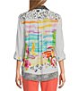 Color:White - Image 2 - Novelty Mix Print Button Front Roll-Tab Sleeve Tunic