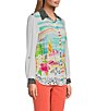 Color:White - Image 4 - Novelty Mix Print Button Front Roll-Tab Sleeve Tunic