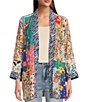 Color:Floral Multi - Image 1 - Petite Size Patch Print Floral Embriodered Open Front 3/4 Sleeve Kimono