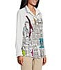 Color:White Multi - Image 3 - Petite Size Woven Novelty Print Wire Collar Long Roll-Tab Sleeve Button-Front Tunic