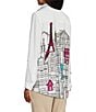 Color:White Multi - Image 4 - Petite Size Woven Novelty Print Wire Collar Long Roll-Tab Sleeve Button-Front Tunic