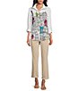 Color:White Multi - Image 5 - Petite Size Woven Novelty Print Wire Collar Long Roll-Tab Sleeve Button-Front Tunic