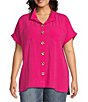 Color:Fuchsia - Image 1 - Plus Size Crinkle Short Dolman Sleeve Point Collar Button Front Shirt