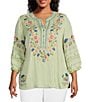 Color:Green Aqua - Image 1 - Plus Size Embroidered Y-Neck 3/4 Sleeve Printed Back Tunic