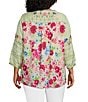 Color:Green Aqua - Image 2 - Plus Size Embroidered Y-Neck 3/4 Sleeve Printed Back Tunic