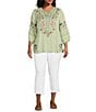 Color:Green Aqua - Image 3 - Plus Size Embroidered Y-Neck 3/4 Sleeve Printed Back Tunic