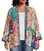 Color:Floral Multi - Image 1 - Plus Size Patch Print Floral Embriodered Open Front Long Sleeve Kimono