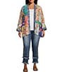 Color:Floral Multi - Image 3 - Plus Size Patch Print Floral Embriodered Open Front Long Sleeve Kimono