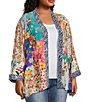 Color:Floral Multi - Image 4 - Plus Size Patch Print Floral Embriodered Open Front Long Sleeve Kimono