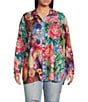 Color:Floral Multi - Image 1 - Plus Size Woven Mixed Floral Print Point Collar Roll-Tab Sleeve Button Front Tunic