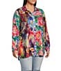 Color:Floral Multi - Image 4 - Plus Size Woven Mixed Floral Print Point Collar Roll-Tab Sleeve Button Front Tunic