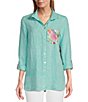 Color:Green Aqua - Image 1 - Printed Woven Linen Point Collar Long Roll Tab Sleeve Button Front Tunic