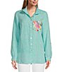 Color:Green Aqua - Image 3 - Printed Woven Linen Point Collar Long Roll Tab Sleeve Button Front Tunic
