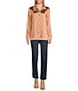 Color:Bronze - Image 3 - Satin Woven Point Collar Long Sleeve Button Front Top