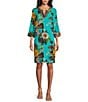 Color:Turquoise - Image 1 - Split V-Neck Embroidered Tropical Print Tunic Dress