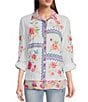 Color:White - Image 1 - Woven Embroidered Point Collar Roll Tab Long Sleeve Button Down Tunic