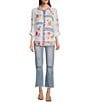 Color:White - Image 3 - Woven Embroidered Point Collar Roll Tab Long Sleeve Button Down Tunic