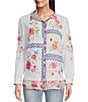 Color:White - Image 4 - Woven Embroidered Point Collar Roll Tab Long Sleeve Button Down Tunic
