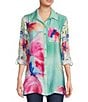 Color:Floral Multi - Image 1 - Woven Floral Multi Point Collar 3/4 Roll-Tab Sleeve Button-Front Tunic