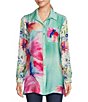 Color:Floral Multi - Image 3 - Woven Floral Multi Point Collar 3/4 Roll-Tab Sleeve Button-Front Tunic