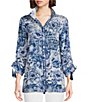 Color:Blue Print - Image 1 - Woven Monochromatic Floral Print Wire Collar 3/4 Cinched Tie Tassel Hem Button-Front Tunic