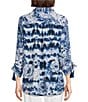 Color:Blue Print - Image 2 - Woven Monochromatic Floral Print Wire Collar 3/4 Cinched Tie Tassel Hem Button-Front Tunic