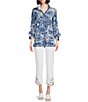Color:Blue Print - Image 3 - Woven Monochromatic Floral Print Wire Collar 3/4 Cinched Tie Tassel Hem Button-Front Tunic