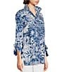 Color:Blue Print - Image 4 - Woven Monochromatic Floral Print Wire Collar 3/4 Cinched Tie Tassel Hem Button-Front Tunic