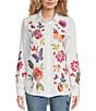 Color:White - Image 1 - Gracey Floral Embroidered Linen Blend Point Collar Long Sleeve Button-Front Shirt