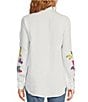 Color:White - Image 2 - Gracey Floral Embroidered Linen Blend Point Collar Long Sleeve Button-Front Shirt