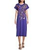 Color:Blue Iris - Image 1 - Osaka Cotton Knit Embroidered Placement Floral Motif Short Sleeve Midi Shift Dress