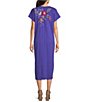 Color:Blue Iris - Image 2 - Osaka Cotton Knit Embroidered Placement Floral Motif Short Sleeve Midi Shift Dress