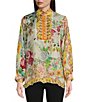 Color:Multi - Image 1 - Rossy Abby Ornate Floral Print Silk Banded Collar Long Sleeve Blouse