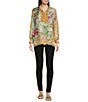 Color:Multi - Image 3 - Rossy Abby Ornate Floral Print Silk Banded Collar Long Sleeve Blouse