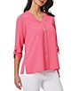 Color:Fresh Guava - Image 1 - Crepe V-Neckline Roll Sleeve Button Front Tunic