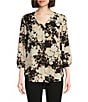 Color:Praline/Jones Black - Image 1 - Kelly Satin Twill Floral V-Neck 3/4 Sleeve Pleated Front Tunic
