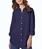 Color:Pacific Navy - Image 1 - Linen Blend Roll Tab Sleeve Point Collar Button Down Shirt