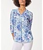 Color:NYC White/Light Sapphire Multi - Image 1 - Printed V-Neck 3/4 Sleeve Pleated Front Tunic