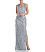 Color:Silver - Image 1 - Embroidered V-Neck Sleeveless Side Slit Sheath Gown