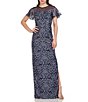 Color:Navy Nickle - Image 1 - Illusion Crew Neck Short Flutter Sleeve Embroidered Mesh Gown
