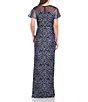 Color:Navy Nickle - Image 2 - Illusion Crew Neck Short Flutter Sleeve Embroidered Mesh Gown