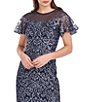 Color:Navy Nickle - Image 3 - Illusion Crew Neck Short Flutter Sleeve Embroidered Mesh Gown