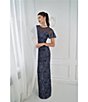 Color:Navy Nickle - Image 6 - Illusion Crew Neck Short Flutter Sleeve Embroidered Mesh Gown